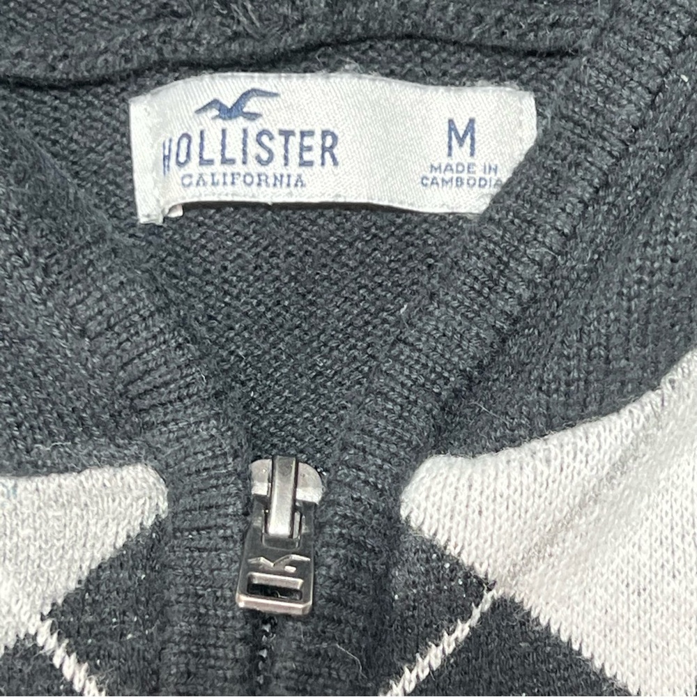 Hollister Full Zip Hooded Argyle Sweater  Women’s Sz. Med Black White Silver - Picture 2 of 6